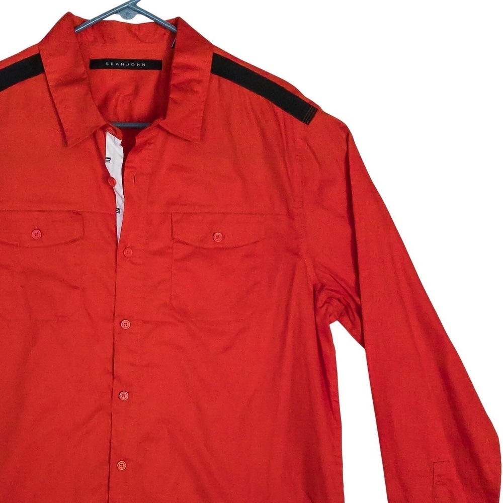 Sean John Mens 2XL Button Down Shirt Long Sleeve‎ Red Black Accents